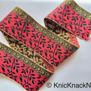 Grey / Red, Black And Gold Embroidered FloralTrim With Leaves, Approx. 56mm wide - 210119L37/38